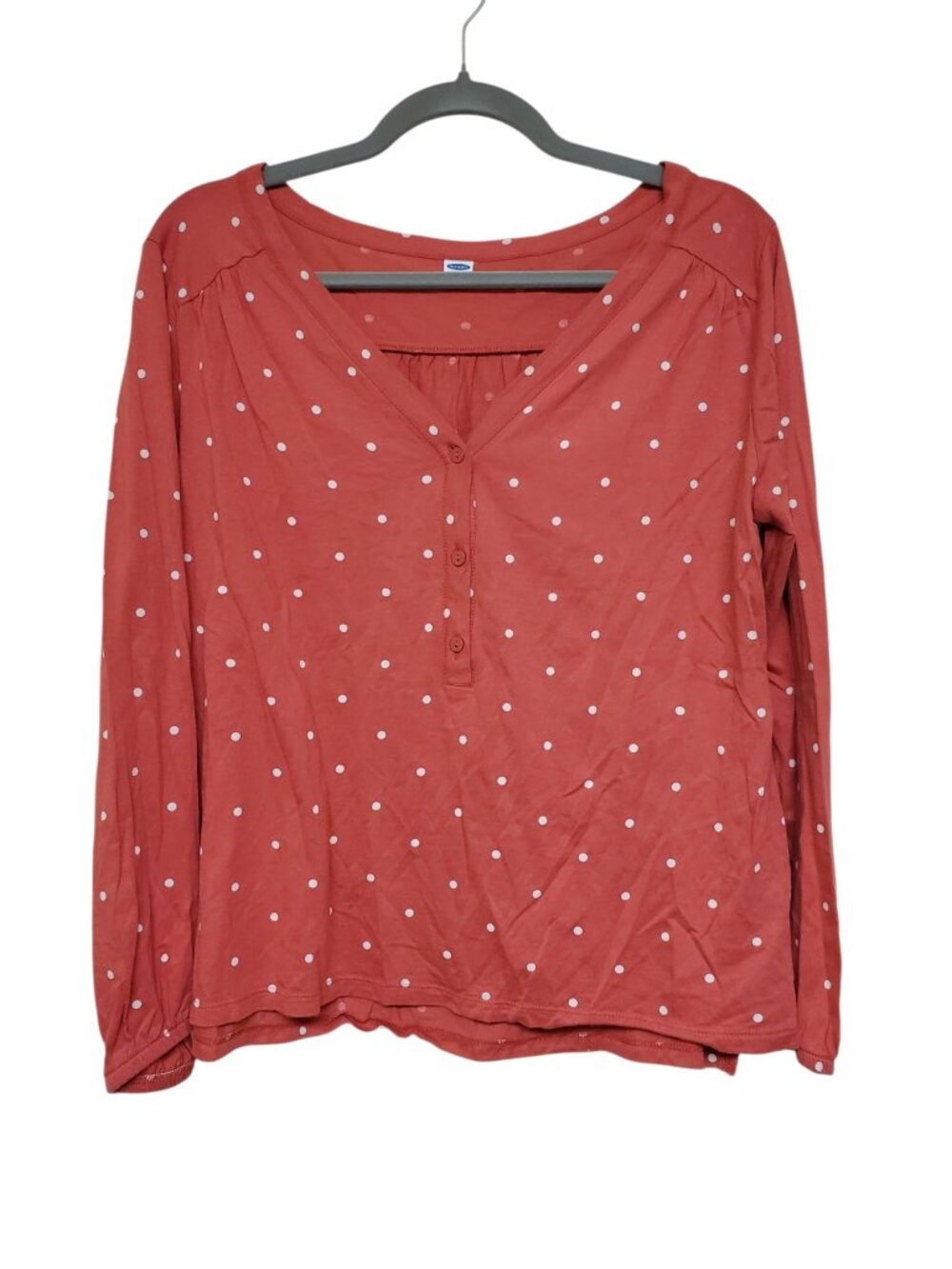 Old Navy Women's Red White Polka Dot Basic Long Sleeve Henley Top Size S